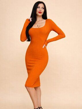Women's Scoop Neck Double Layered Ribbed Dress (Orange) Party and Elegant Dress